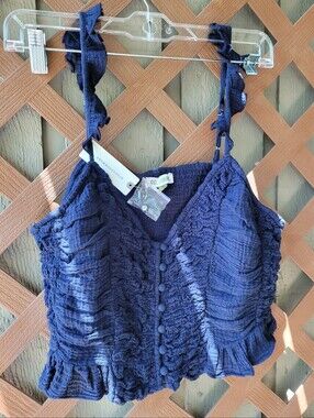 Smocked and ruffled Crop Top in Navy by CELANDINE at ANTHROPOLOGIE  sz M